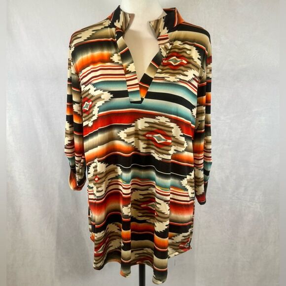 Beautiful southwestern tribal print Fall in the Desert notched vneck top size XL - Picture 1 of 6